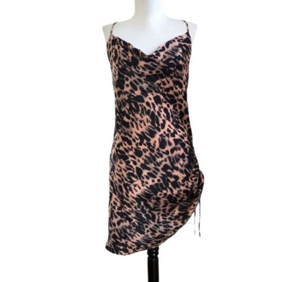 TOPSHOP Mini Slip Dress size 10 Brown Black Leopard Animal Print side cinch - Picture 2 of 10